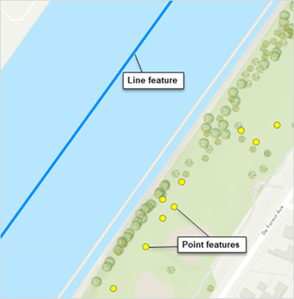 The point and line features on a map in ArcGIS Pro.